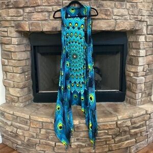 Bright turquoise, yellow green and black swimsuit coverup, w/ fringe One Size